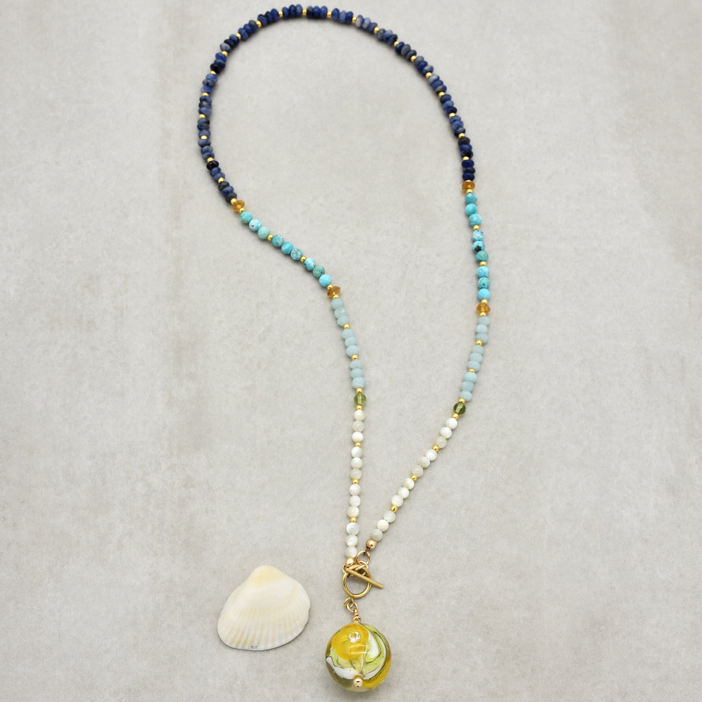 Daylily Handmade Necklace. Artisan Lampwork Glass, Amazonite, Genuine Turquoise, Dumortierite, Peridot, Citrine, Gold filled findings