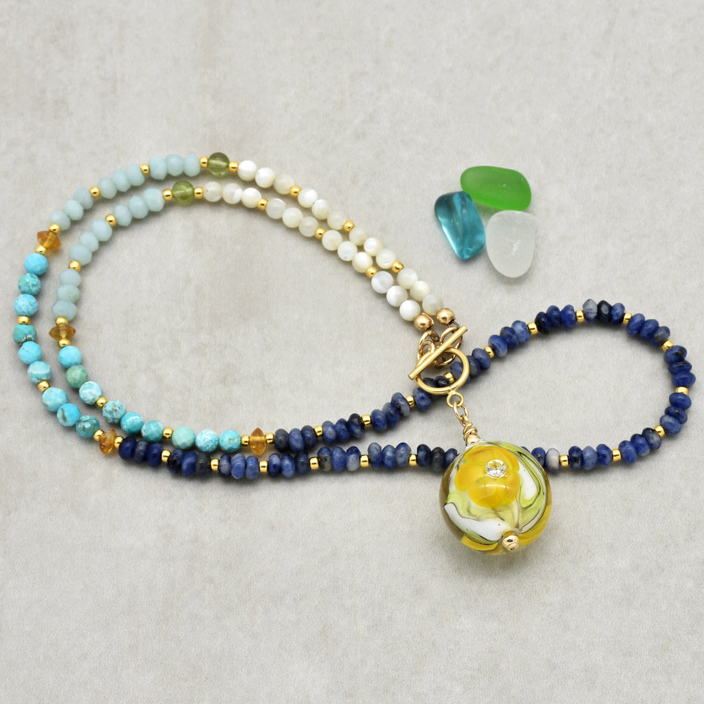 Daylily Handmade Necklace. Artisan Lampwork Glass, Amazonite, Genuine Turquoise, Dumortierite, Peridot, Citrine, Gold filled findings