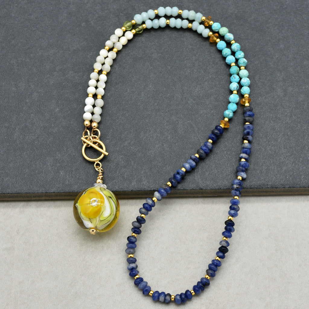 Daylily Handmade Necklace. Artisan Lampwork Glass, Amazonite, Genuine Turquoise, Dumortierite, Peridot, Citrine, Gold filled findings