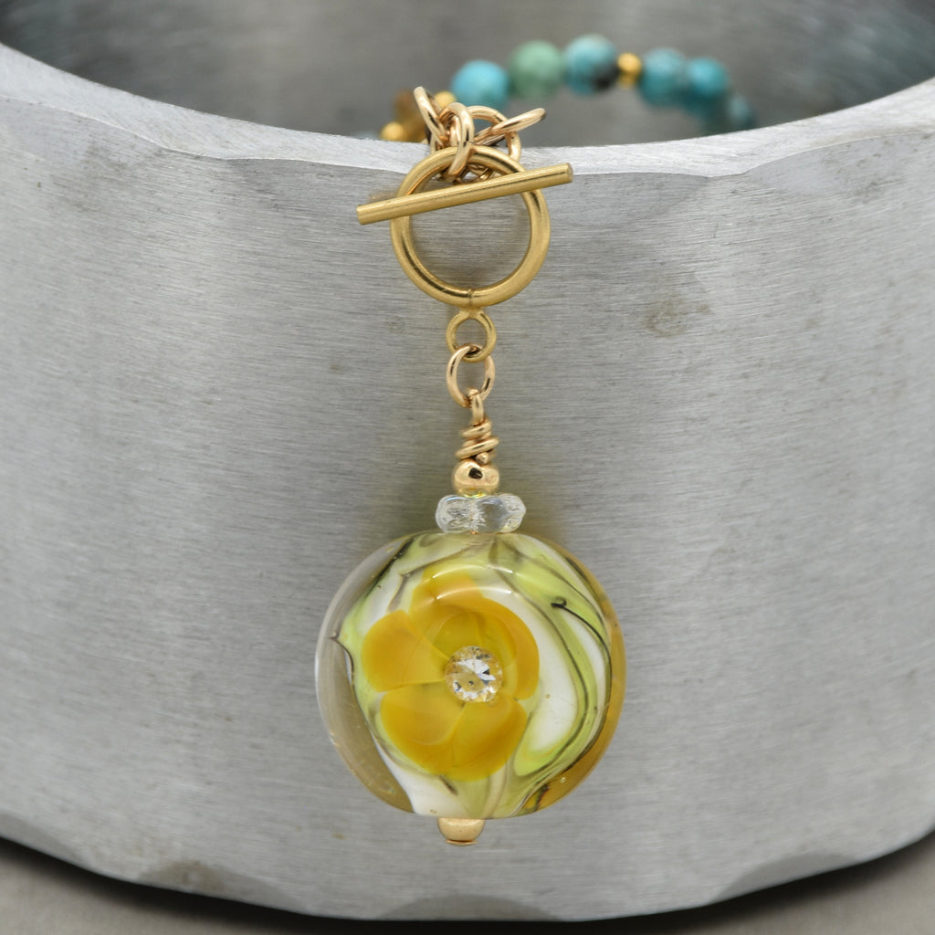Daylily Handmade Necklace. Artisan Lampwork Glass, Amazonite, Genuine Turquoise, Dumortierite, Peridot, Citrine, Gold filled findings