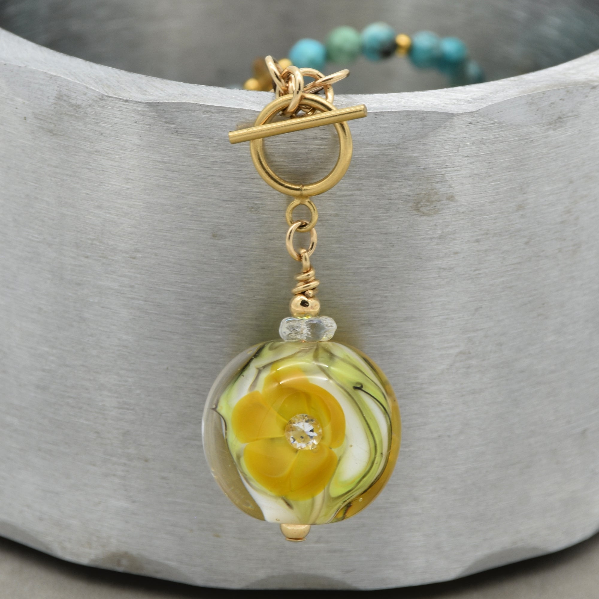 Daylily Handmade Necklace. Artisan Lampwork Glass, Amazonite, Genuine Turquoise, Dumortierite, Peridot, Citrine, Gold filled findings