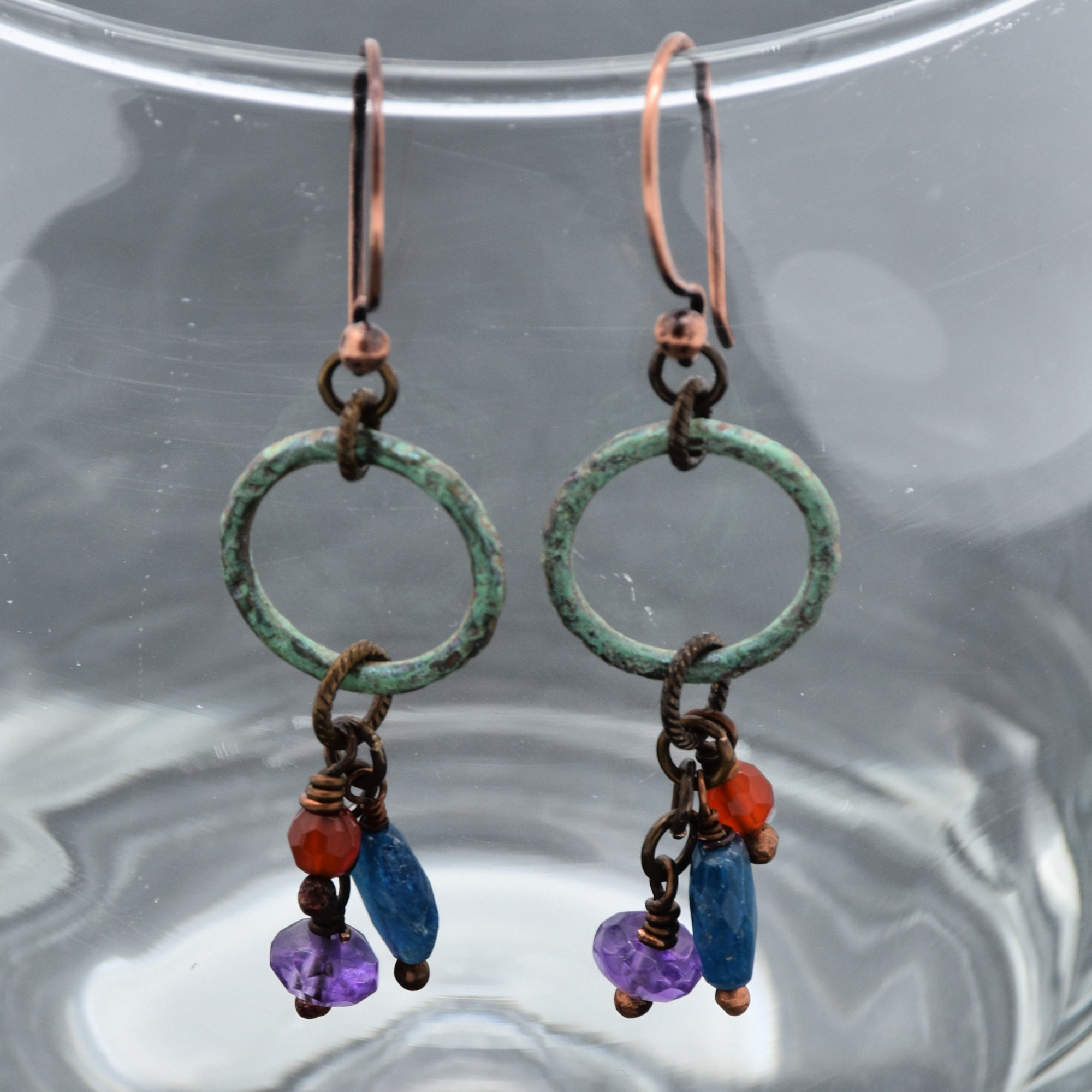 Denim Days Handmade Dangle Earrings, Amethyst, Apatite, Carnelian, Unique Mixed Media