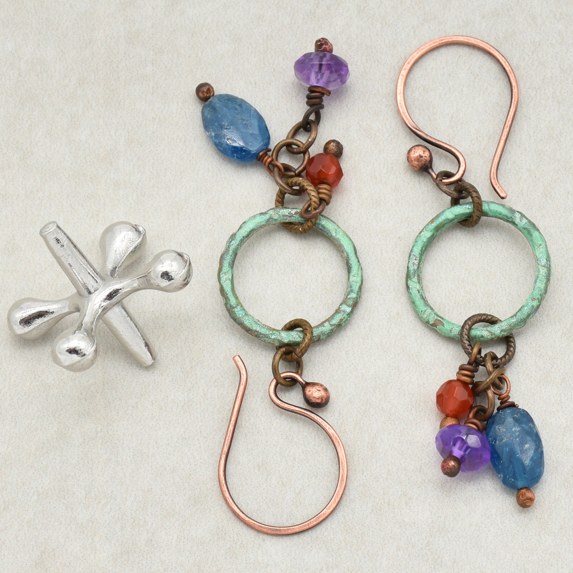 Denim Days Handmade Dangle Earrings, Amethyst, Apatite, Carnelian, Unique Mixed Media