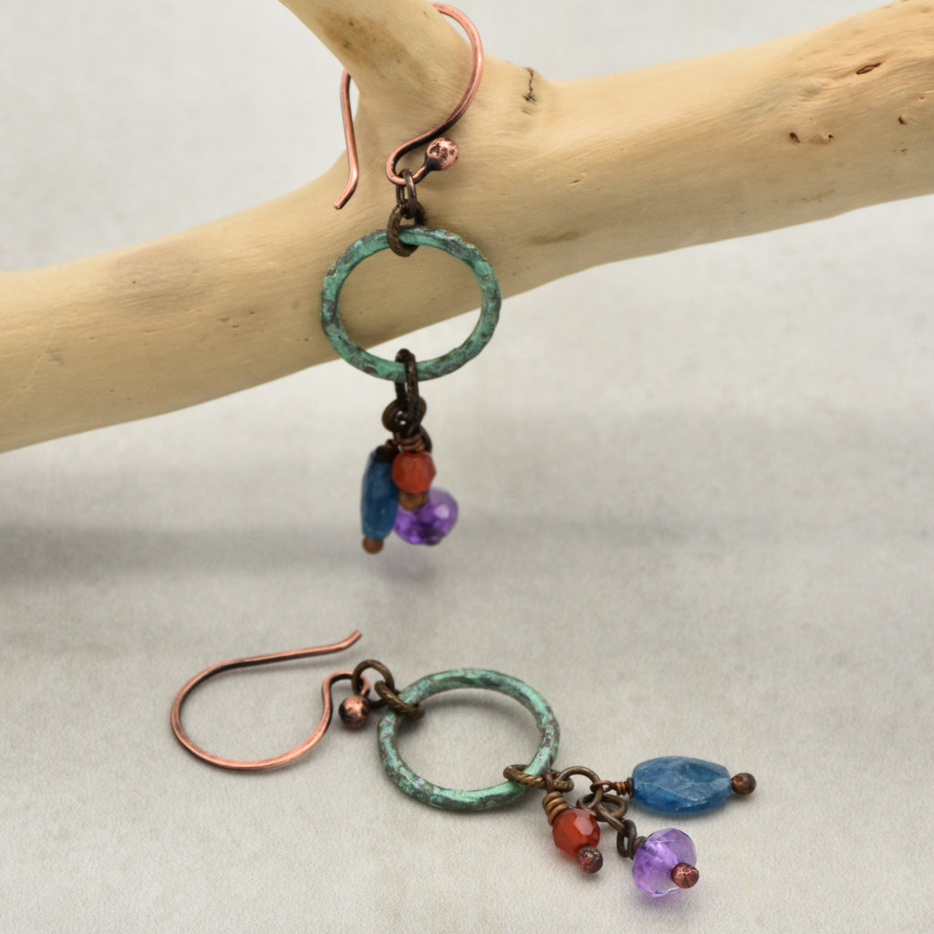 Denim Days Handmade Dangle Earrings, Amethyst, Apatite, Carnelian, Unique Mixed Media