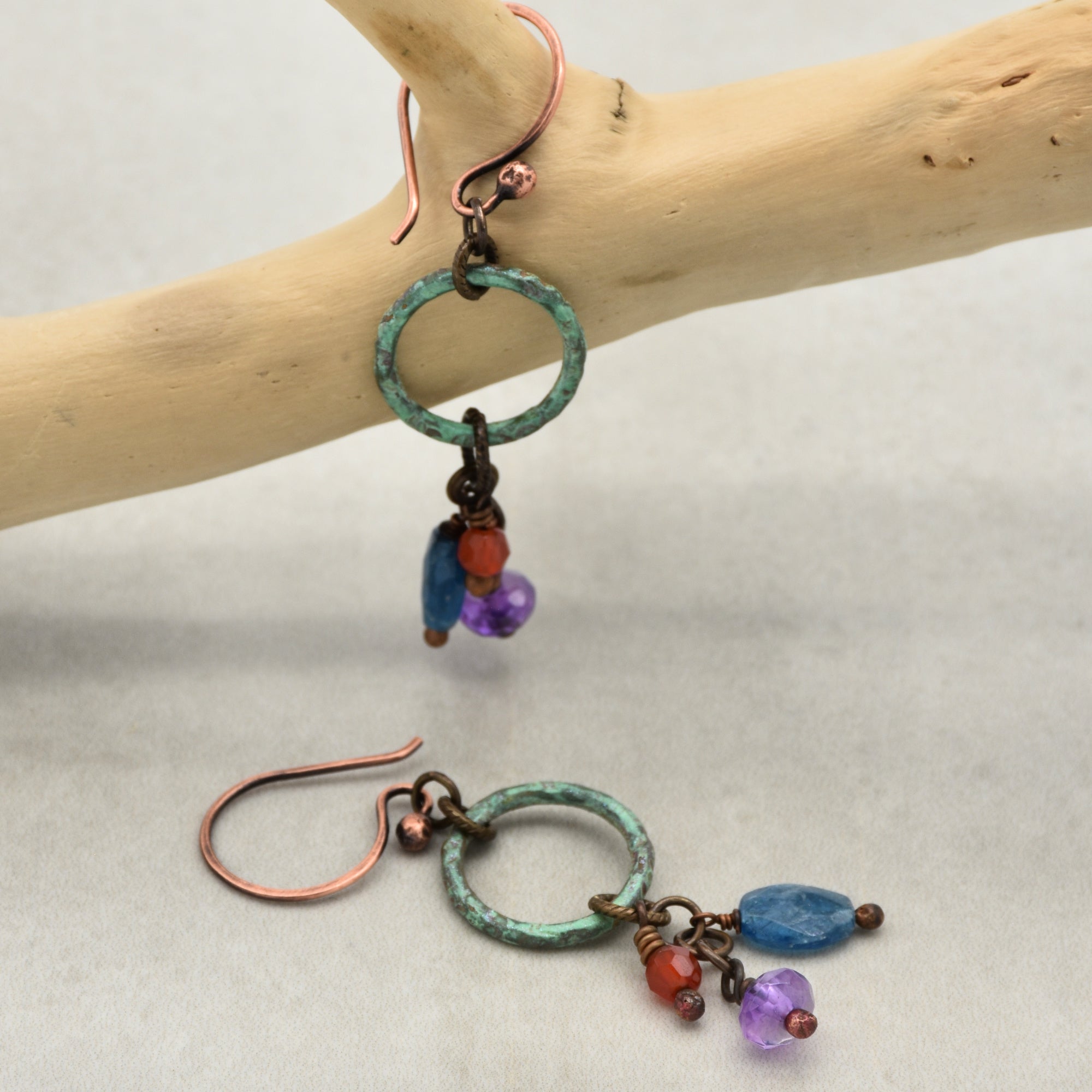Denim Days Handmade Dangle Earrings, Amethyst, Apatite, Carnelian, Unique Mixed Media