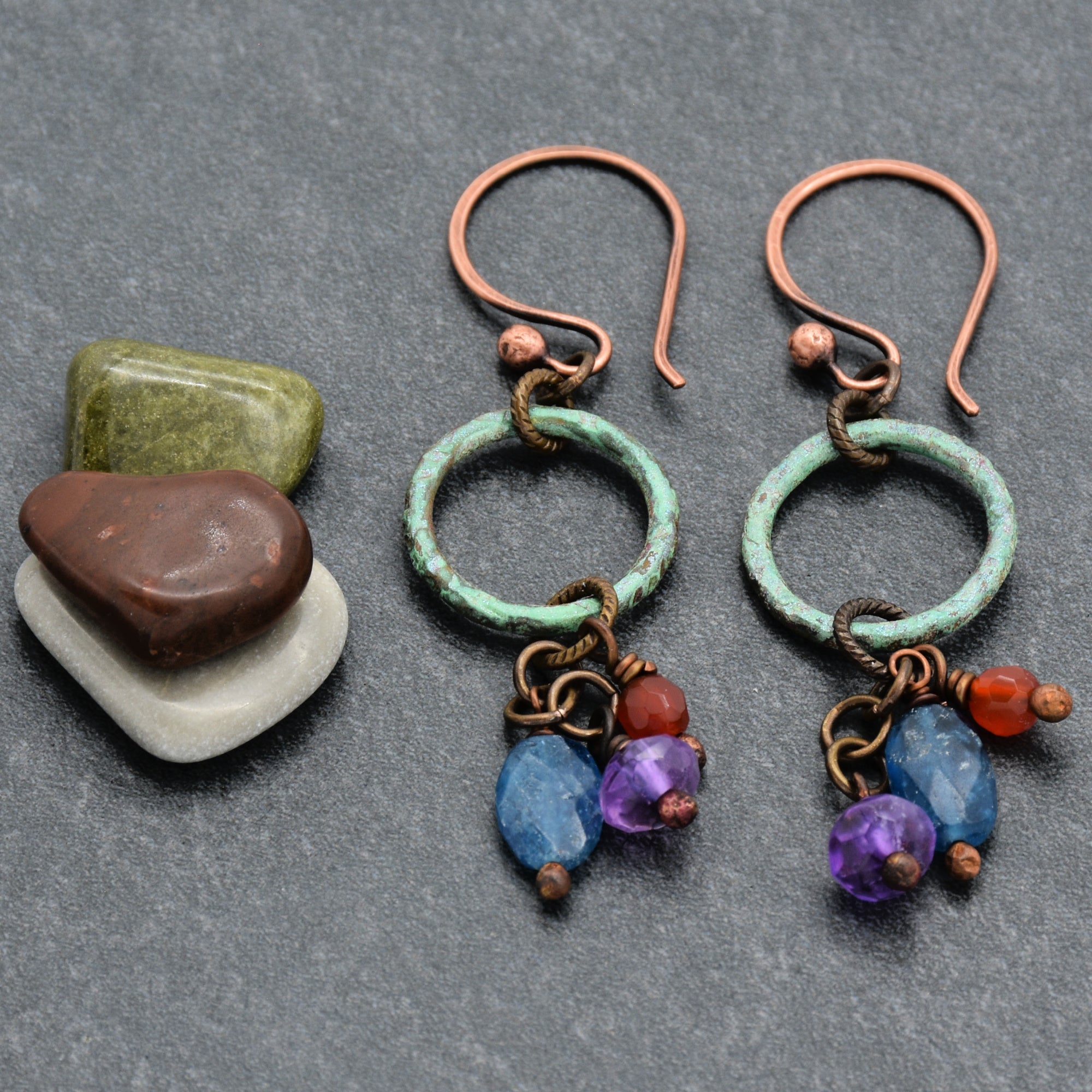 Denim Days Handmade Dangle Earrings, Amethyst, Apatite, Carnelian, Unique Mixed Media