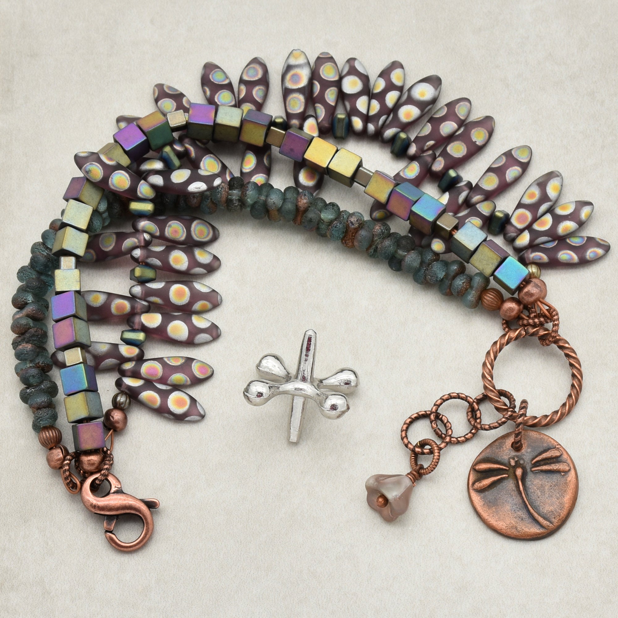 Dragonfly Wings Triple Strand Handmade Beaded Bracelet with Artisan Copper Charm, Peacock Ore Cubes and Czech Glass Daggers