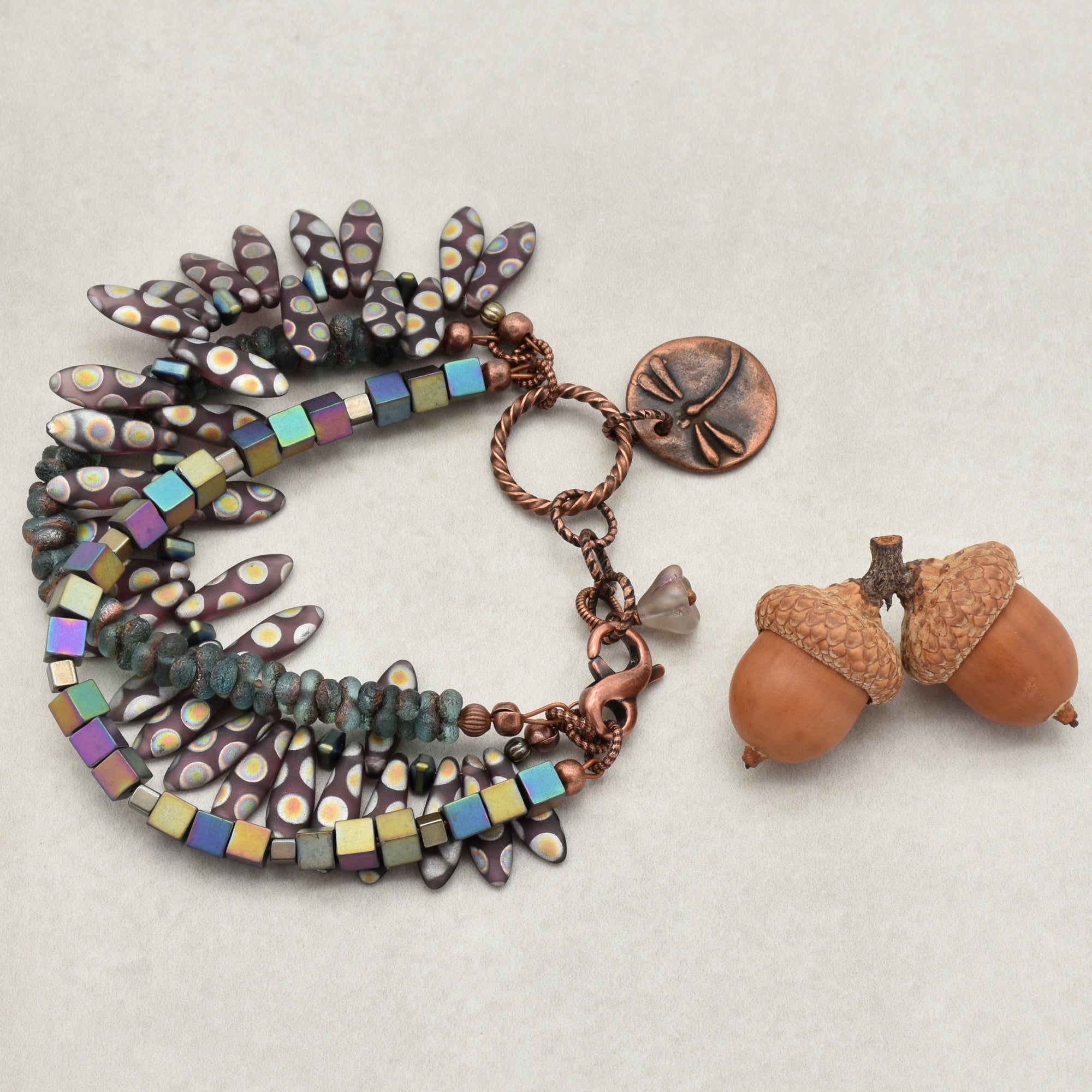 Dragonfly Wings Triple Strand Handmade Beaded Bracelet with Artisan Copper Charm, Peacock Ore Cubes and Czech Glass Daggers