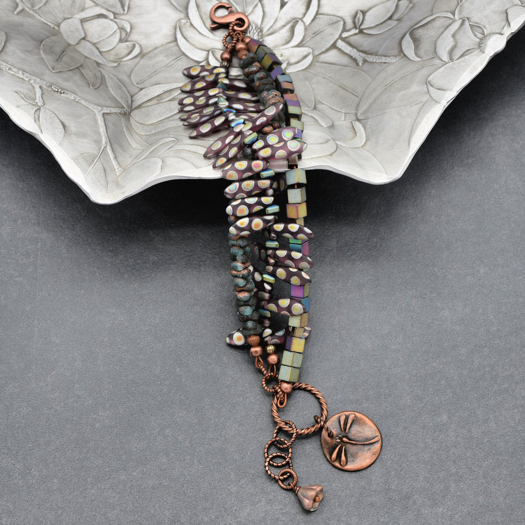 Dragonfly Wings Triple Strand Handmade Beaded Bracelet with Artisan Copper Charm, Peacock Ore Cubes and Czech Glass Daggers