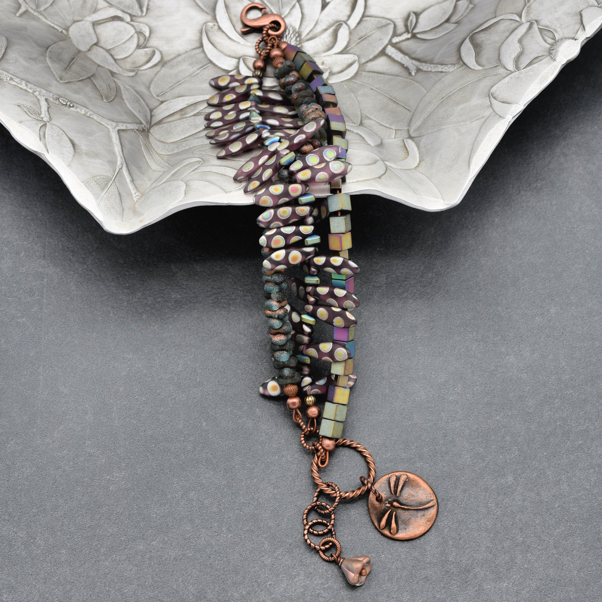 Dragonfly Wings Triple Strand Handmade Beaded Bracelet with Artisan Copper Charm, Peacock Ore Cubes and Czech Glass Daggers