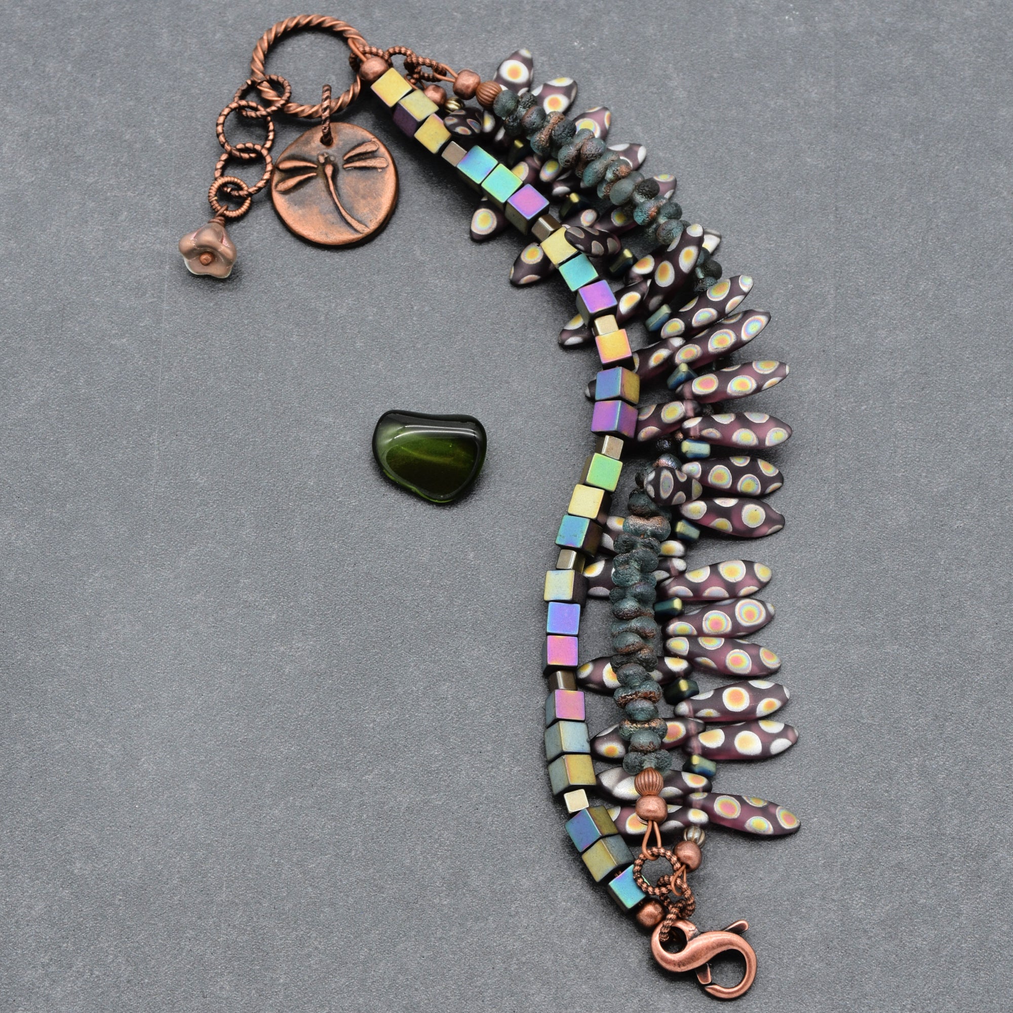 Dragonfly Wings Triple Strand Handmade Beaded Bracelet with Artisan Copper Charm, Peacock Ore Cubes and Czech Glass Daggers