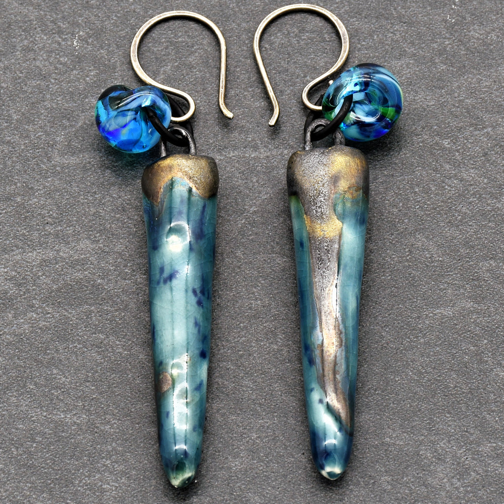 Drops of Ocean Blue Handmade Dangle Earrings, Artisan Porcelain Daggers, Lampwork Teardrops, Antique Sterling Silver Earwires