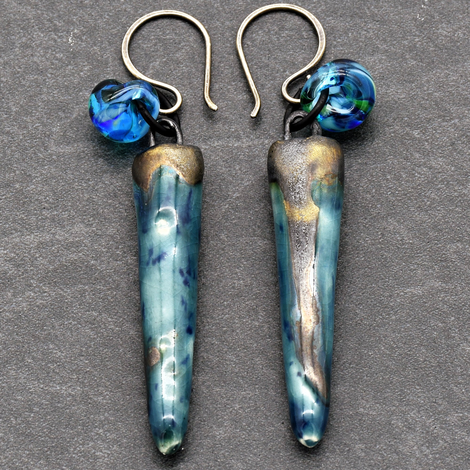 Drops of Ocean Blue Handmade Dangle Earrings, Artisan Porcelain Daggers, Lampwork Teardrops, Antique Sterling Silver Earwires