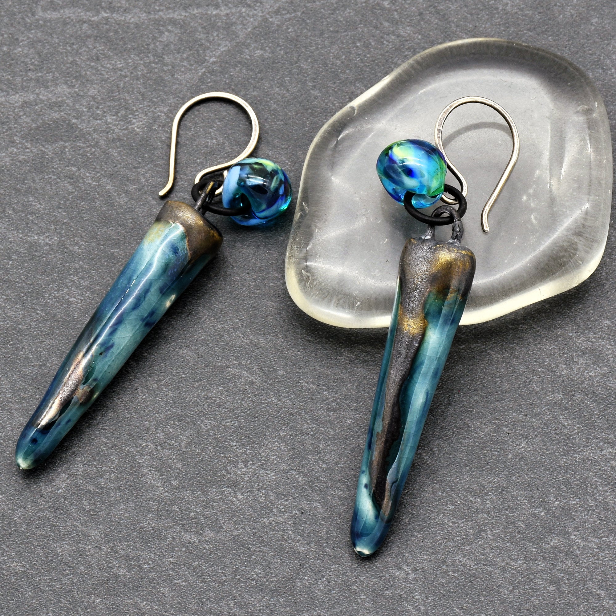 Drops of Ocean Blue Handmade Dangle Earrings, Artisan Porcelain Daggers, Lampwork Teardrops, Antique Sterling Silver Earwires