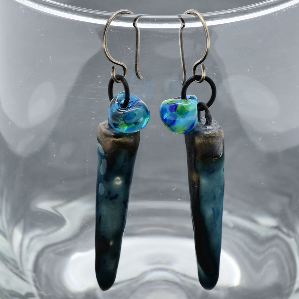 Drops of Ocean Blue Handmade Dangle Earrings, Artisan Porcelain Daggers, Lampwork Teardrops, Antique Sterling Silver Earwires