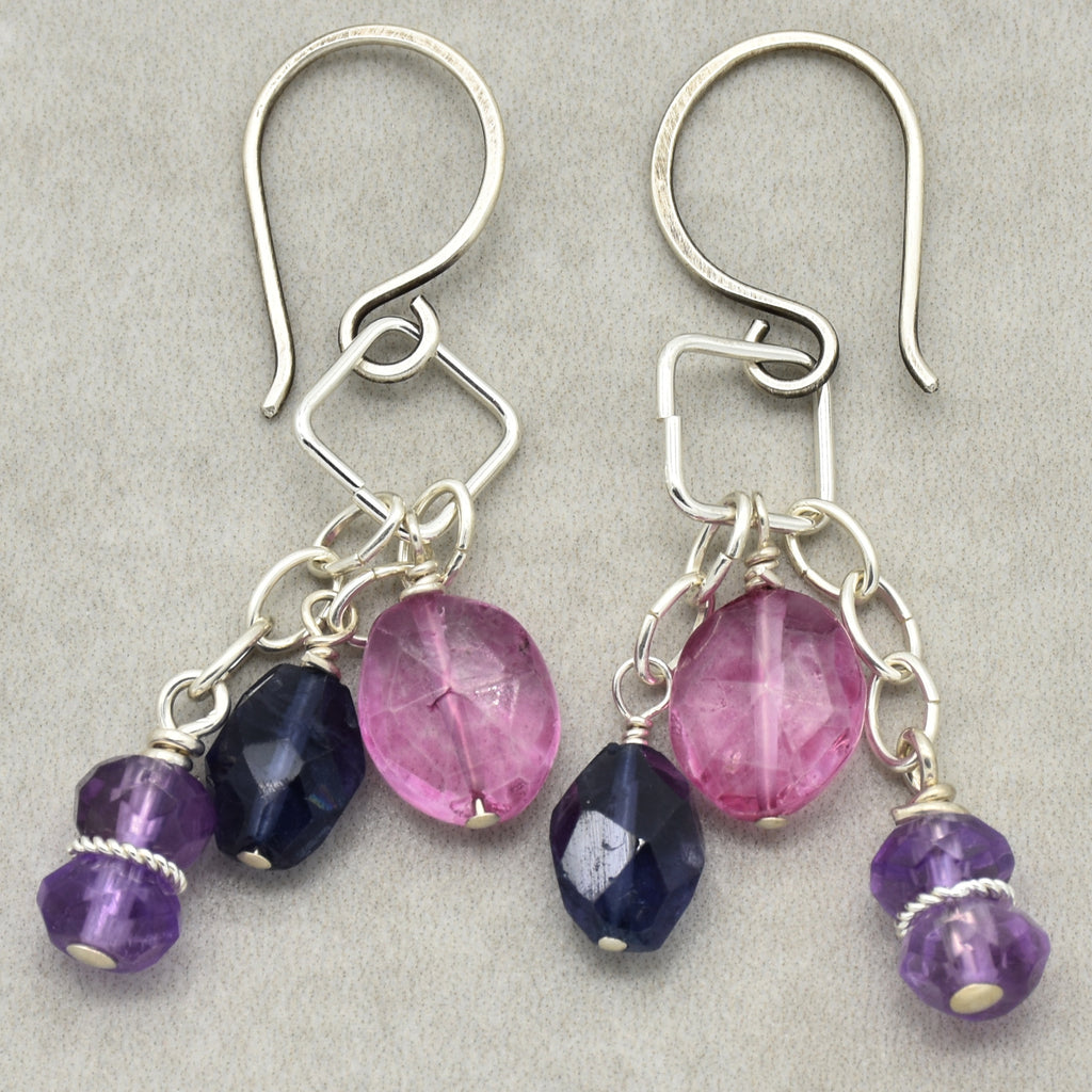 Encantada Pink Quartz, Iolite and Amethyst Sterling Silver Handmade Dangle Earrings