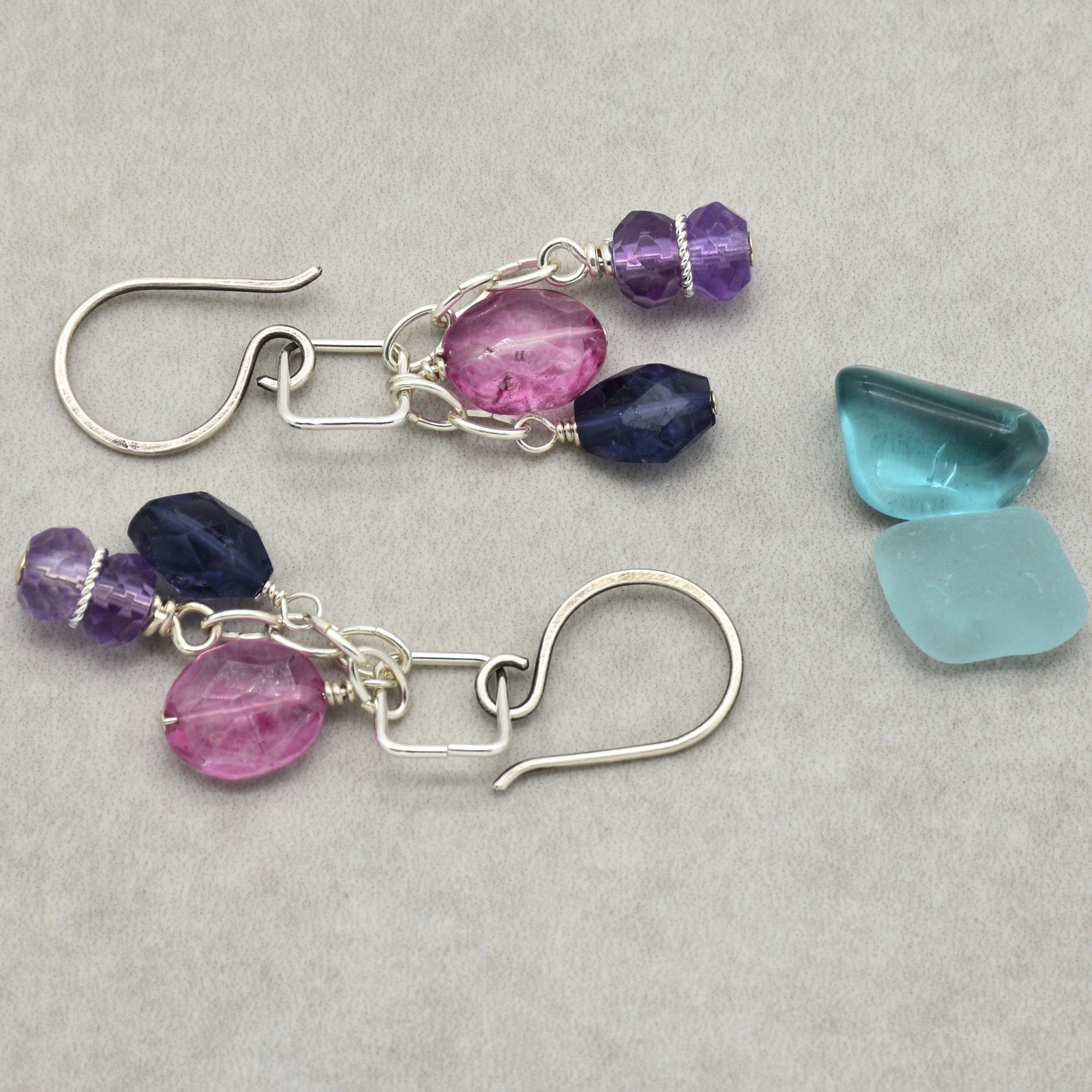 Encantada Pink Quartz, Iolite and Amethyst Sterling Silver Handmade Dangle Earrings