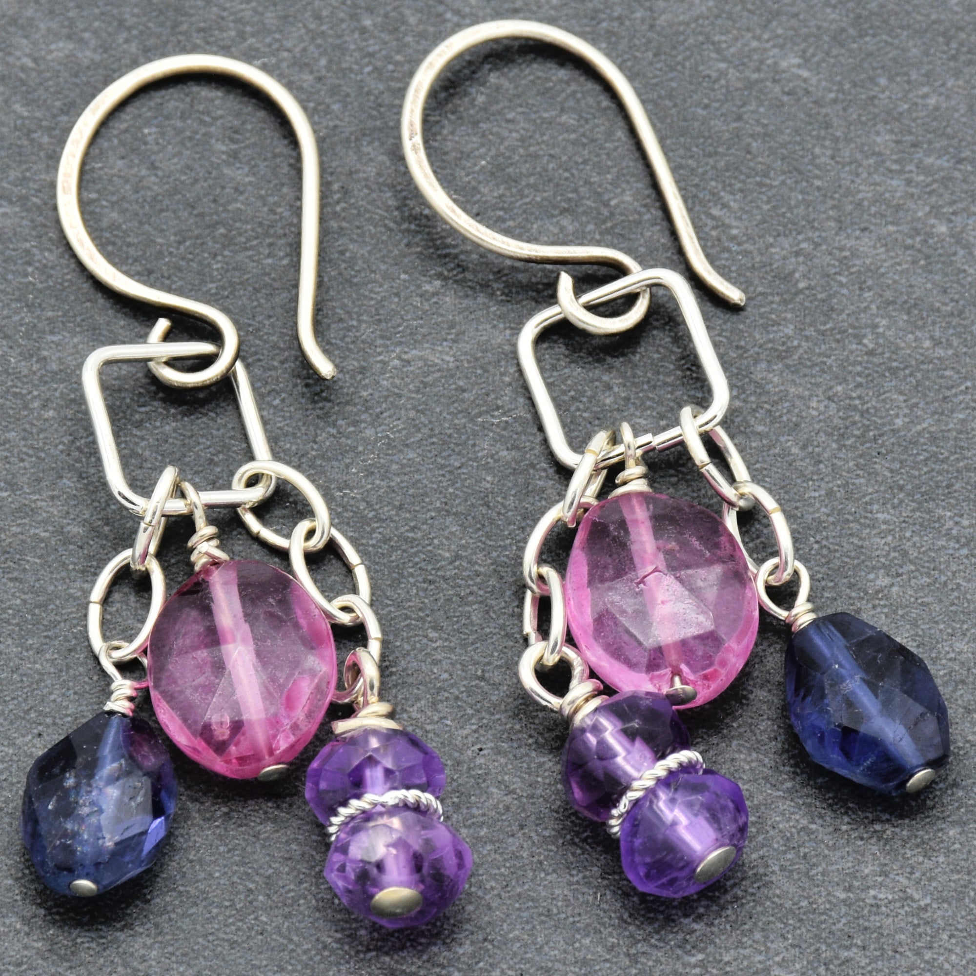 Encantada Pink Quartz, Iolite and Amethyst Sterling Silver Handmade Dangle Earrings