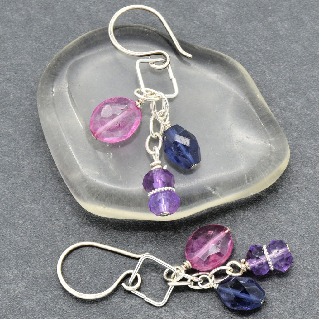 Encantada Pink Quartz, Iolite and Amethyst Sterling Silver Handmade Dangle Earrings