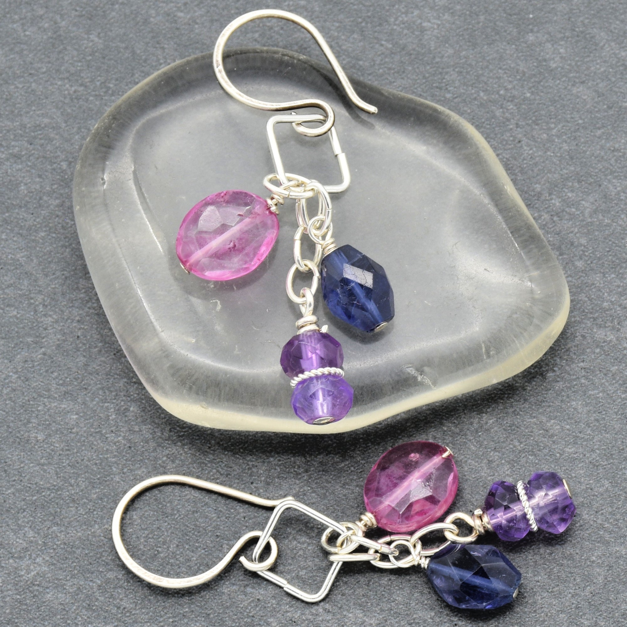 Encantada Pink Quartz, Iolite and Amethyst Sterling Silver Handmade Dangle Earrings