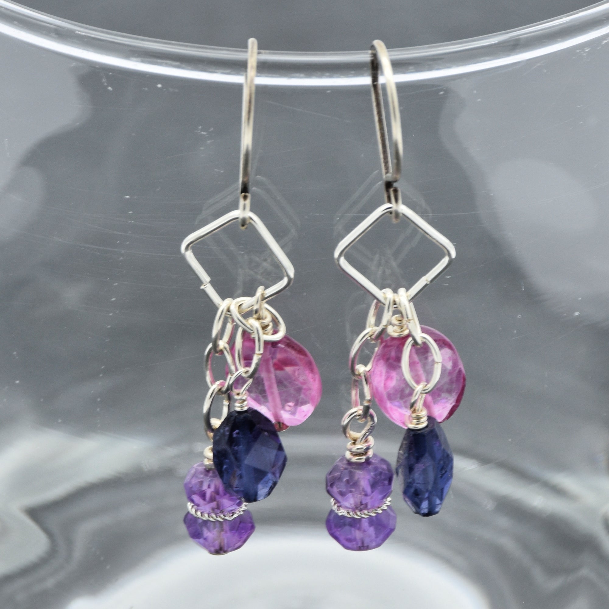 Encantada Pink Quartz, Iolite and Amethyst Sterling Silver Handmade Dangle Earrings