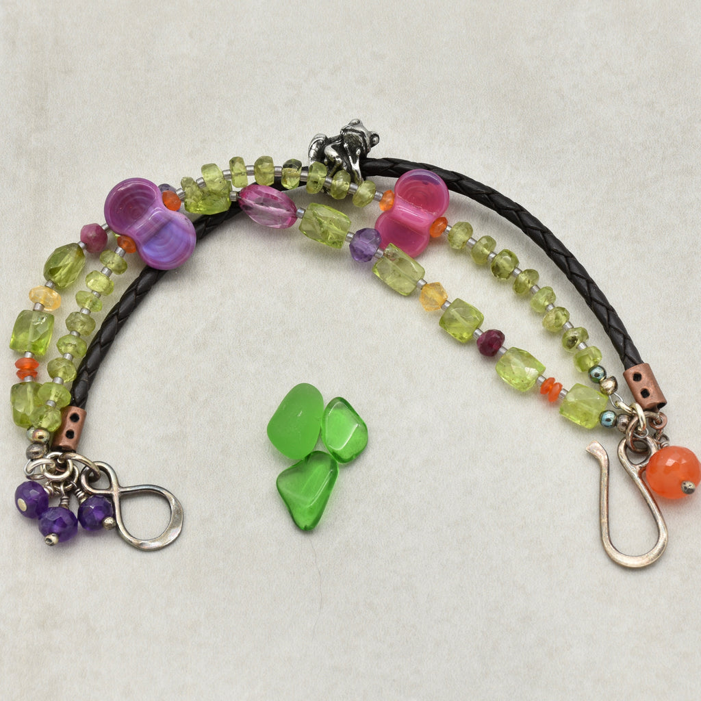 Fabulous Frog Handmade Triple Strand Beaded Bracelet with Artisan Frog, Artisan Lampwork Glass, Peridot, Amethyst