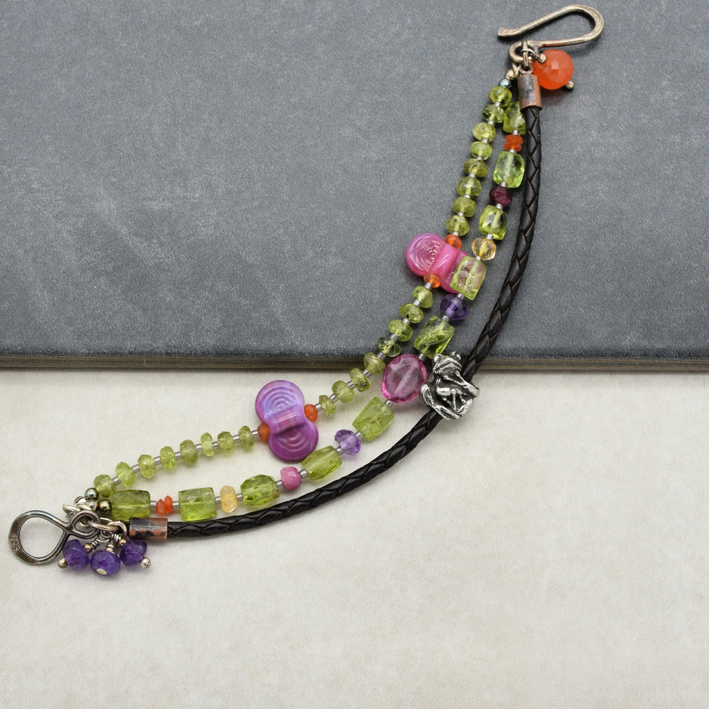 Fabulous Frog Handmade Triple Strand Beaded Bracelet with Artisan Frog, Artisan Lampwork Glass, Peridot, Amethyst