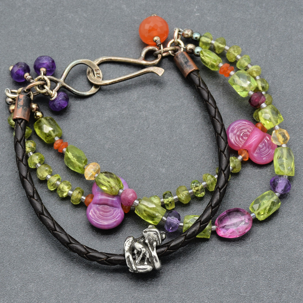 Fabulous Frog Handmade Triple Strand Beaded Bracelet with Artisan Frog, Artisan Lampwork Glass, Peridot, Amethyst