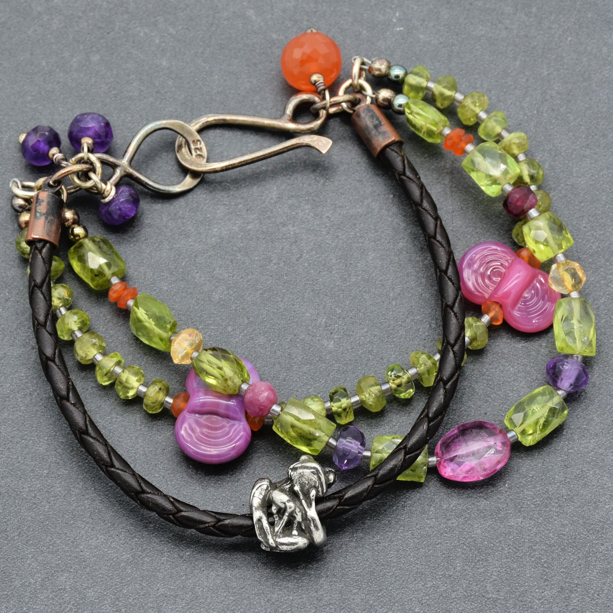 Fabulous Frog Handmade Triple Strand Beaded Bracelet with Artisan Frog, Artisan Lampwork Glass, Peridot, Amethyst