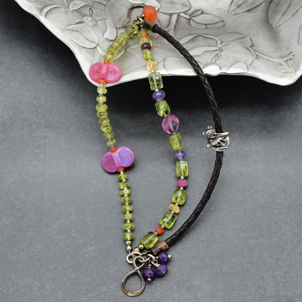 Fabulous Frog Handmade Triple Strand Beaded Bracelet with Artisan Frog, Artisan Lampwork Glass, Peridot, Amethyst