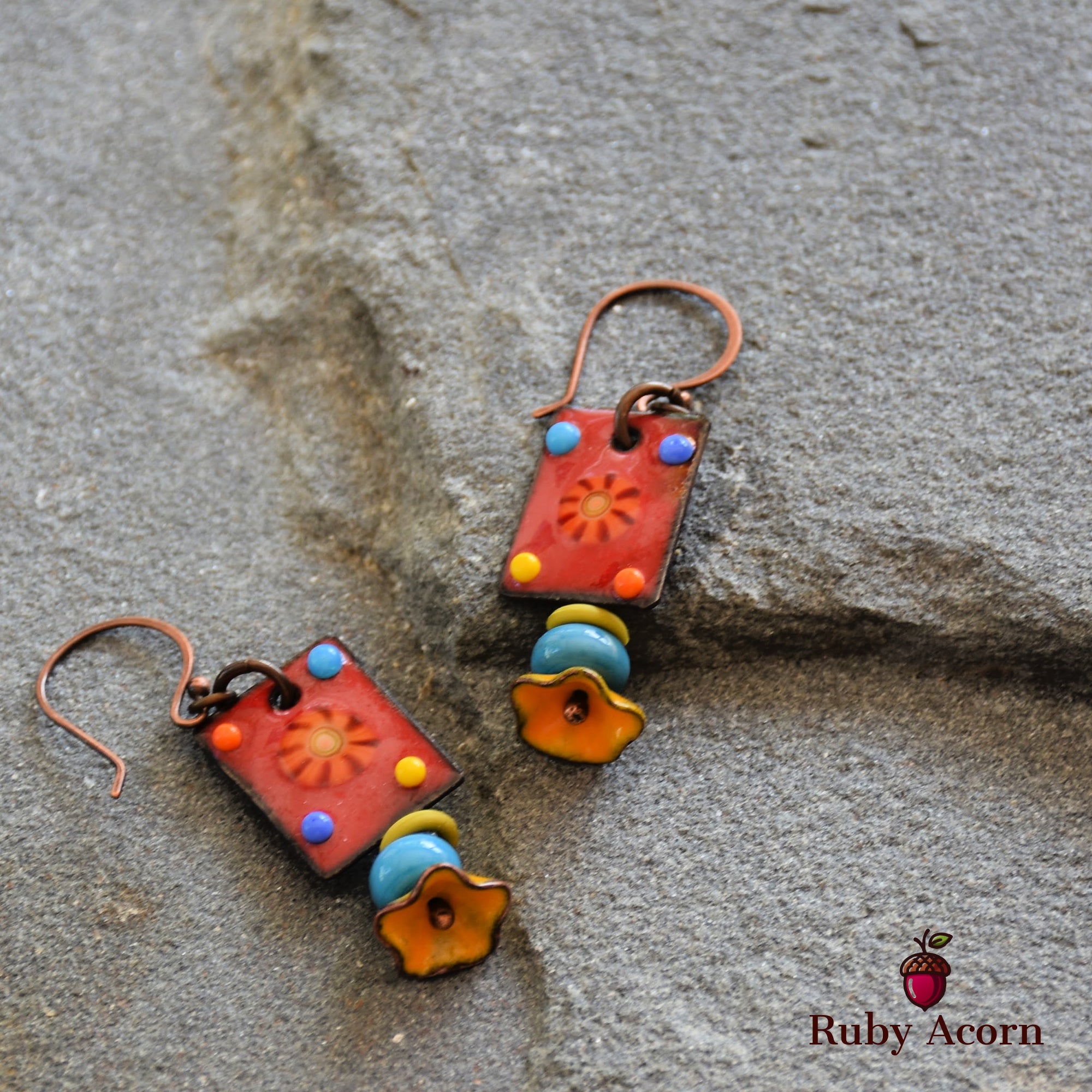 Salsa Red Fiesta Handmade Dangle Earrings, Gorgeous Artisan Enameled Copper, Sky Blue Artisan Lampwork Glass