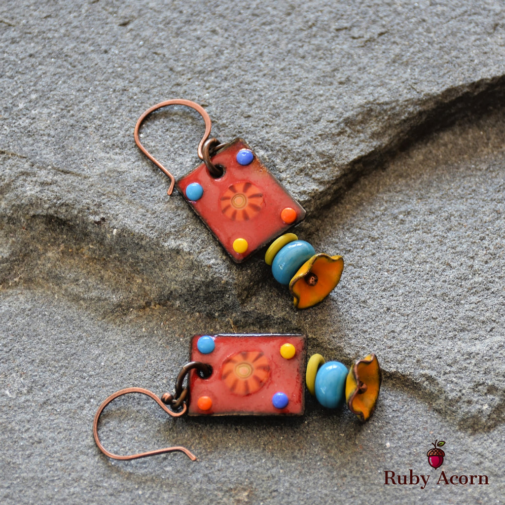 Salsa Red Fiesta Handmade Dangle Earrings, Gorgeous Artisan Enameled Copper, Sky Blue Artisan Lampwork Glass