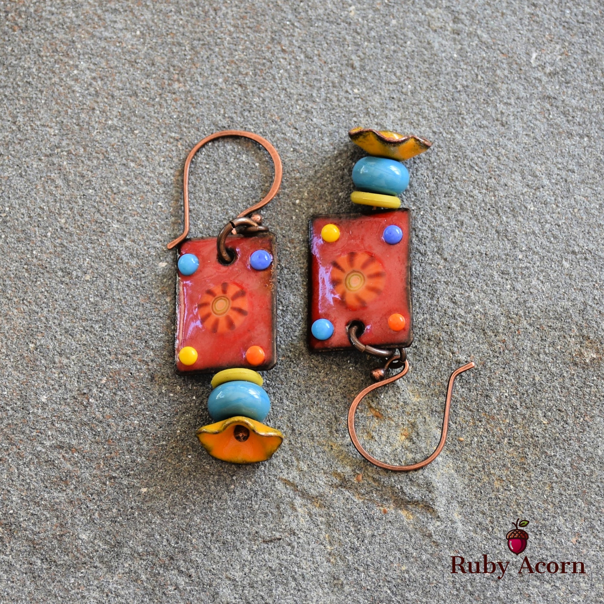 Salsa Red Fiesta Handmade Dangle Earrings, Gorgeous Artisan Enameled Copper, Sky Blue Artisan Lampwork Glass