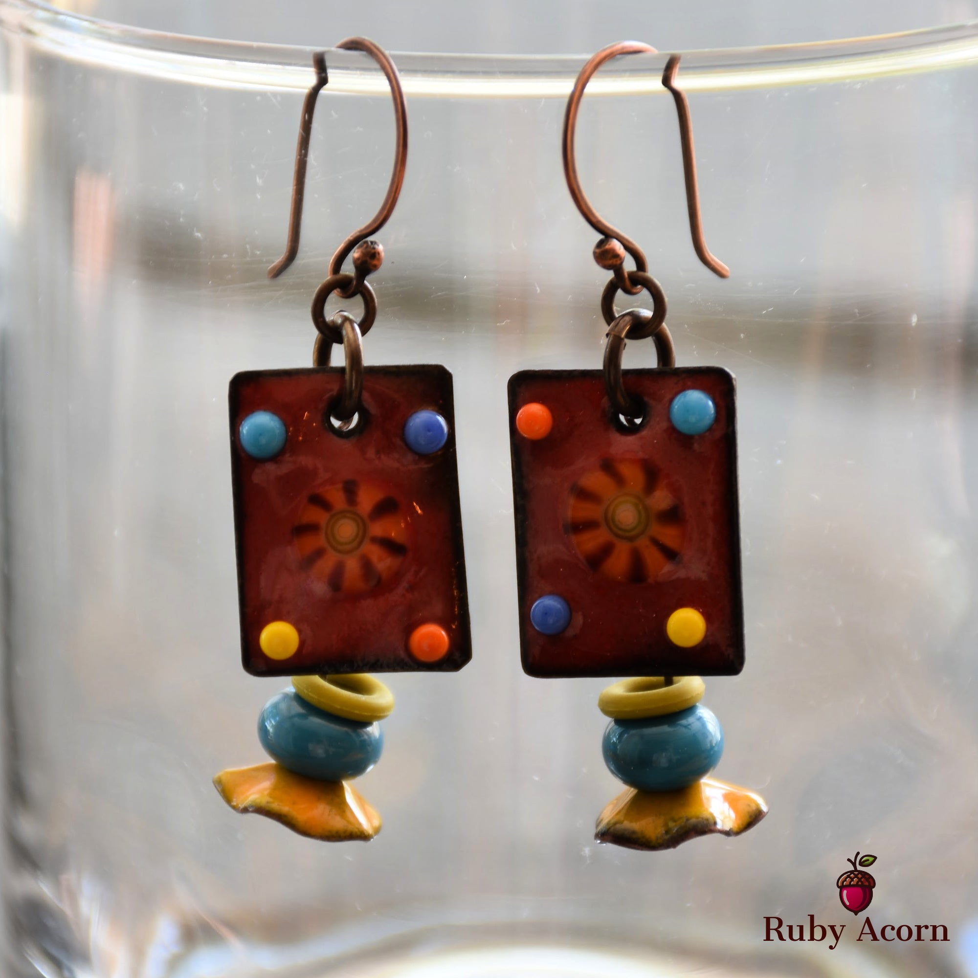 Salsa Red Fiesta Handmade Dangle Earrings, Gorgeous Artisan Enameled Copper, Sky Blue Artisan Lampwork Glass