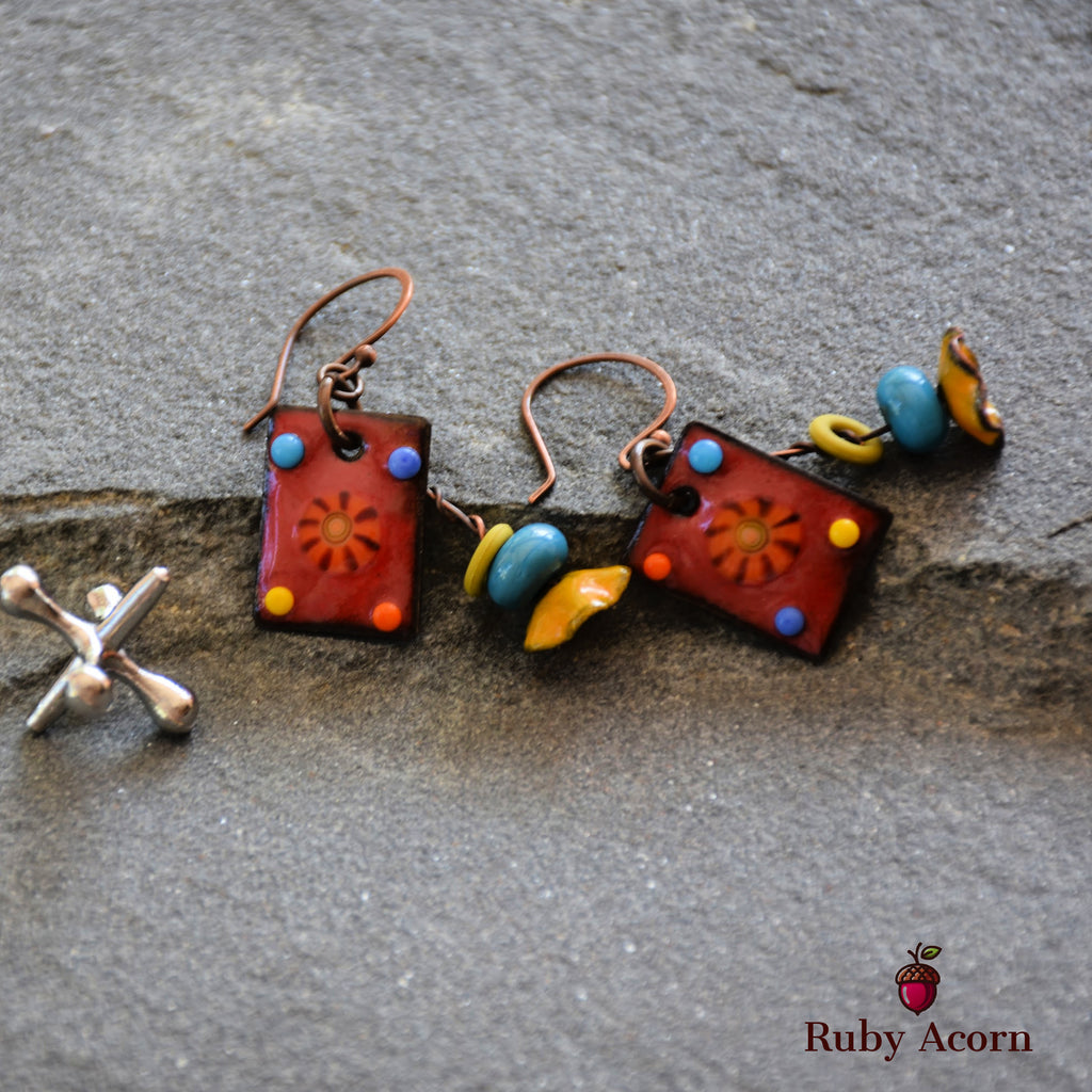 Salsa Red Fiesta Handmade Dangle Earrings, Gorgeous Artisan Enameled Copper, Sky Blue Artisan Lampwork Glass