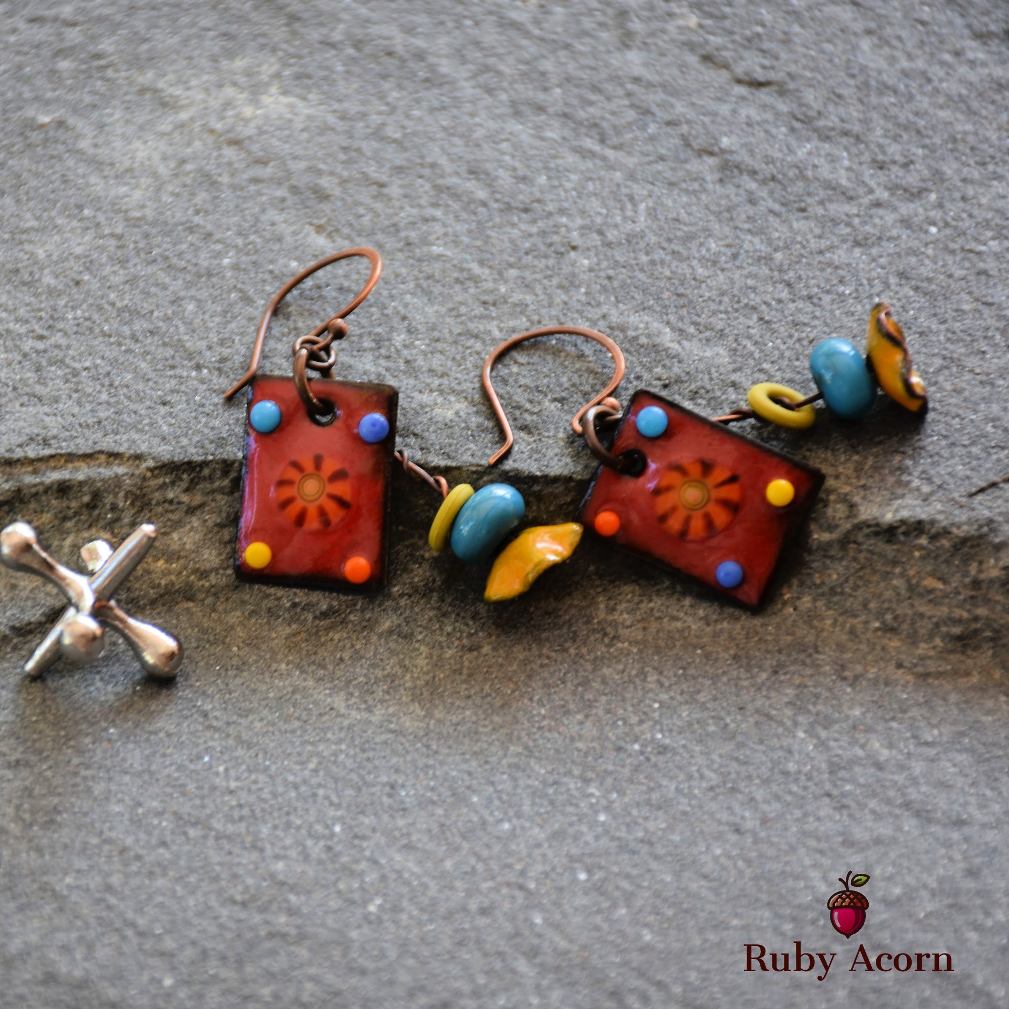 Salsa Red Fiesta Handmade Dangle Earrings, Gorgeous Artisan Enameled Copper, Sky Blue Artisan Lampwork Glass