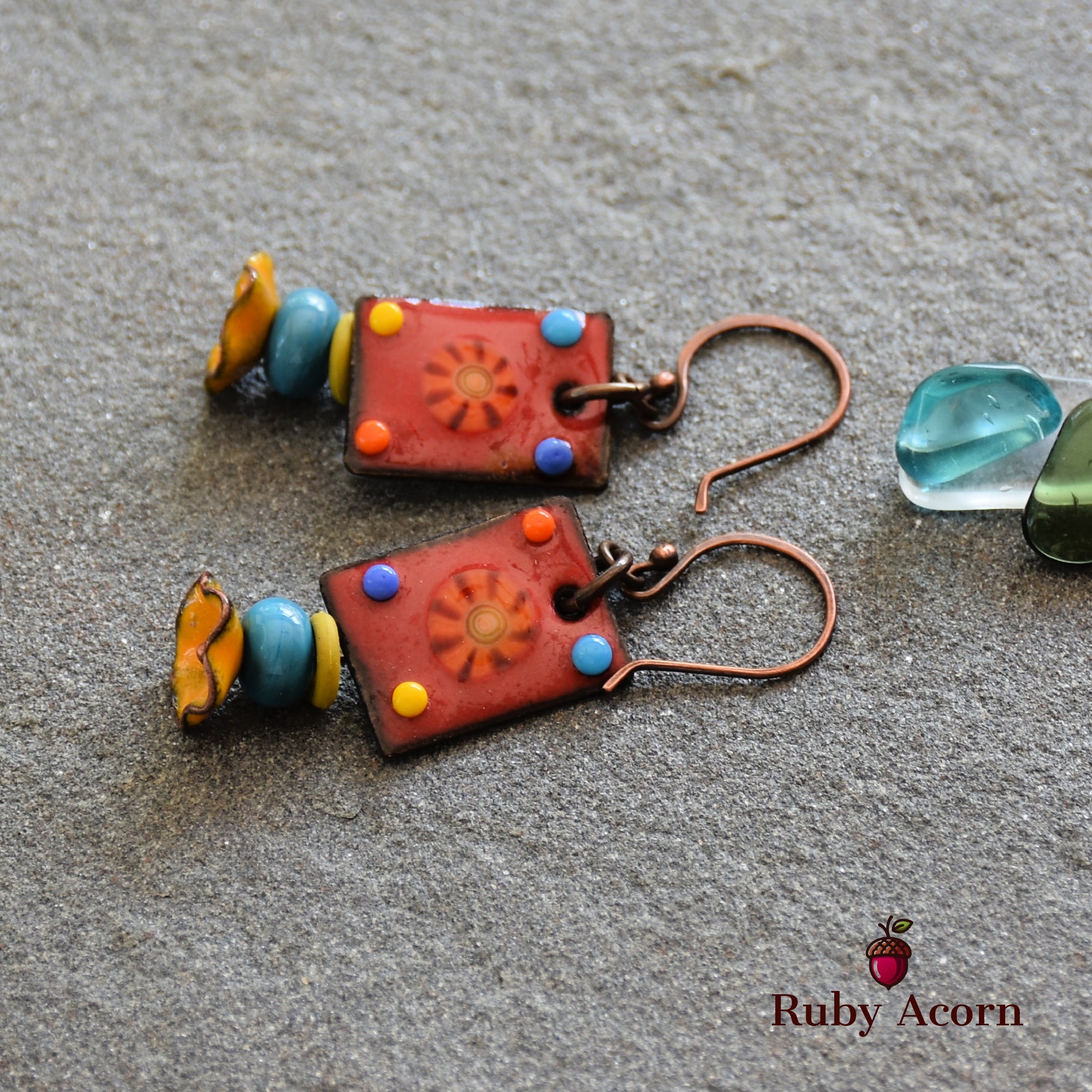 Salsa Red Fiesta Handmade Dangle Earrings, Gorgeous Artisan Enameled Copper, Sky Blue Artisan Lampwork Glass