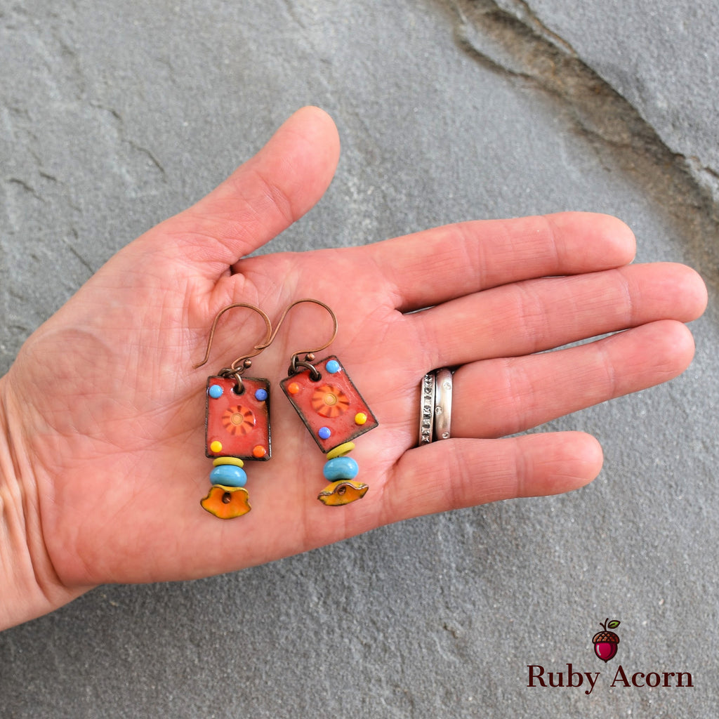 Salsa Red Fiesta Handmade Dangle Earrings, Gorgeous Artisan Enameled Copper, Sky Blue Artisan Lampwork Glass