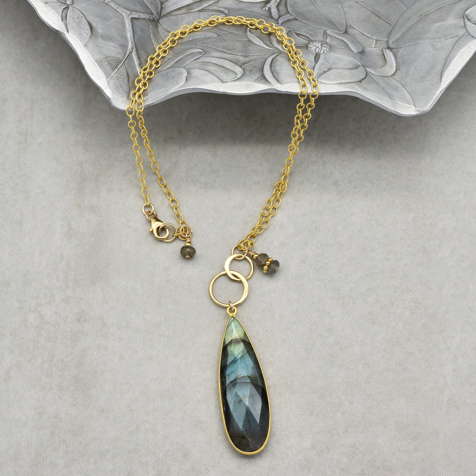 Golden Days Handmade Necklace. Labradorite Wrapped in Vermeil Focal, 14kt Gold Plated Gold Filled Cable Chain