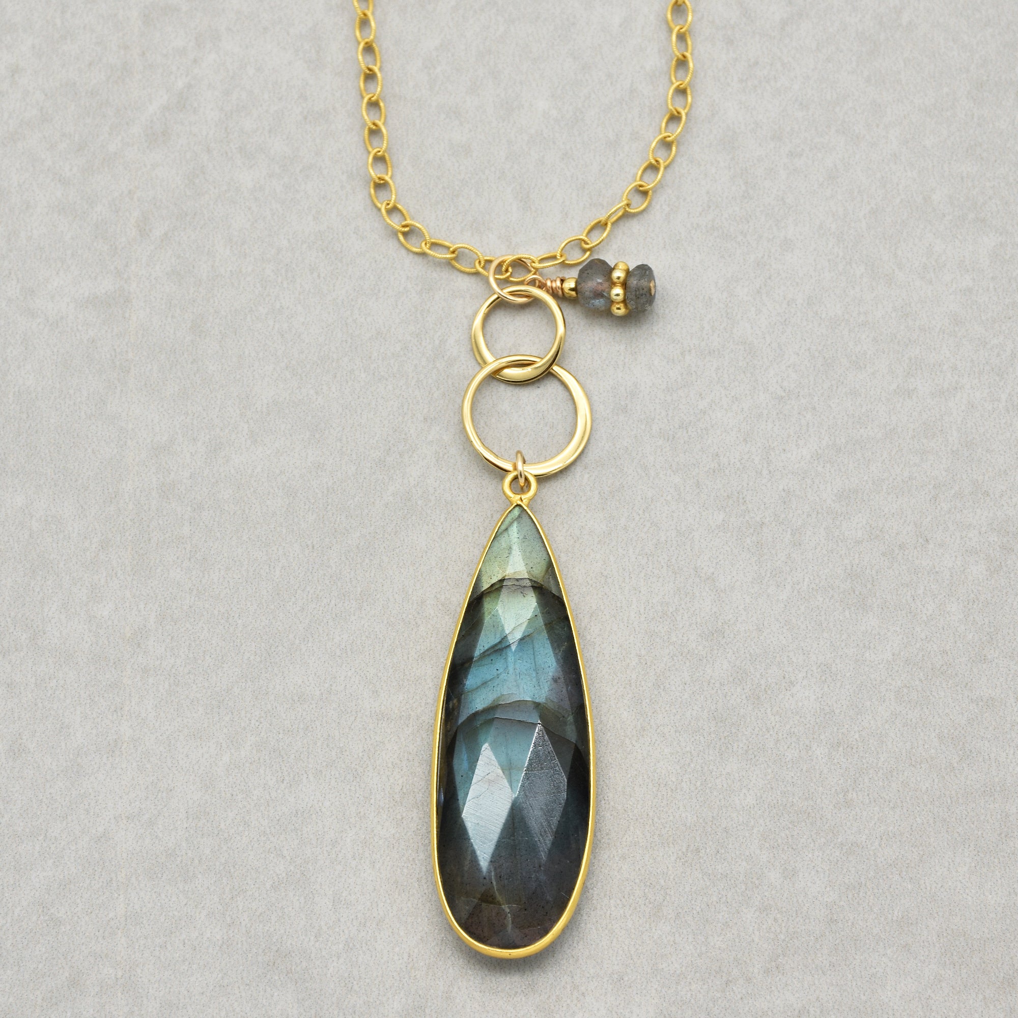 Golden Days Handmade Necklace. Labradorite Wrapped in Vermeil Focal, 14kt Gold Plated Gold Filled Cable Chain