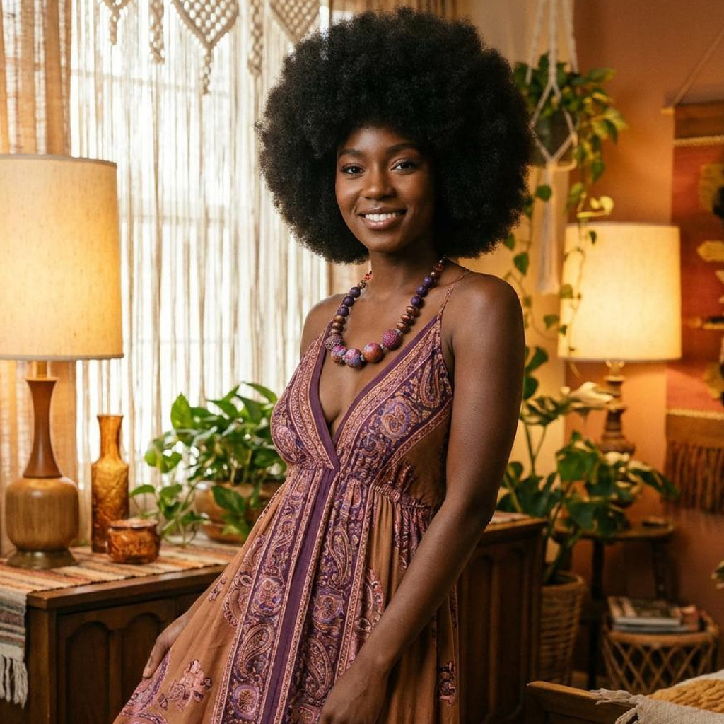 Woman in a patterned dress wearing a necklace standing in a cozy living room with plants and lamps.