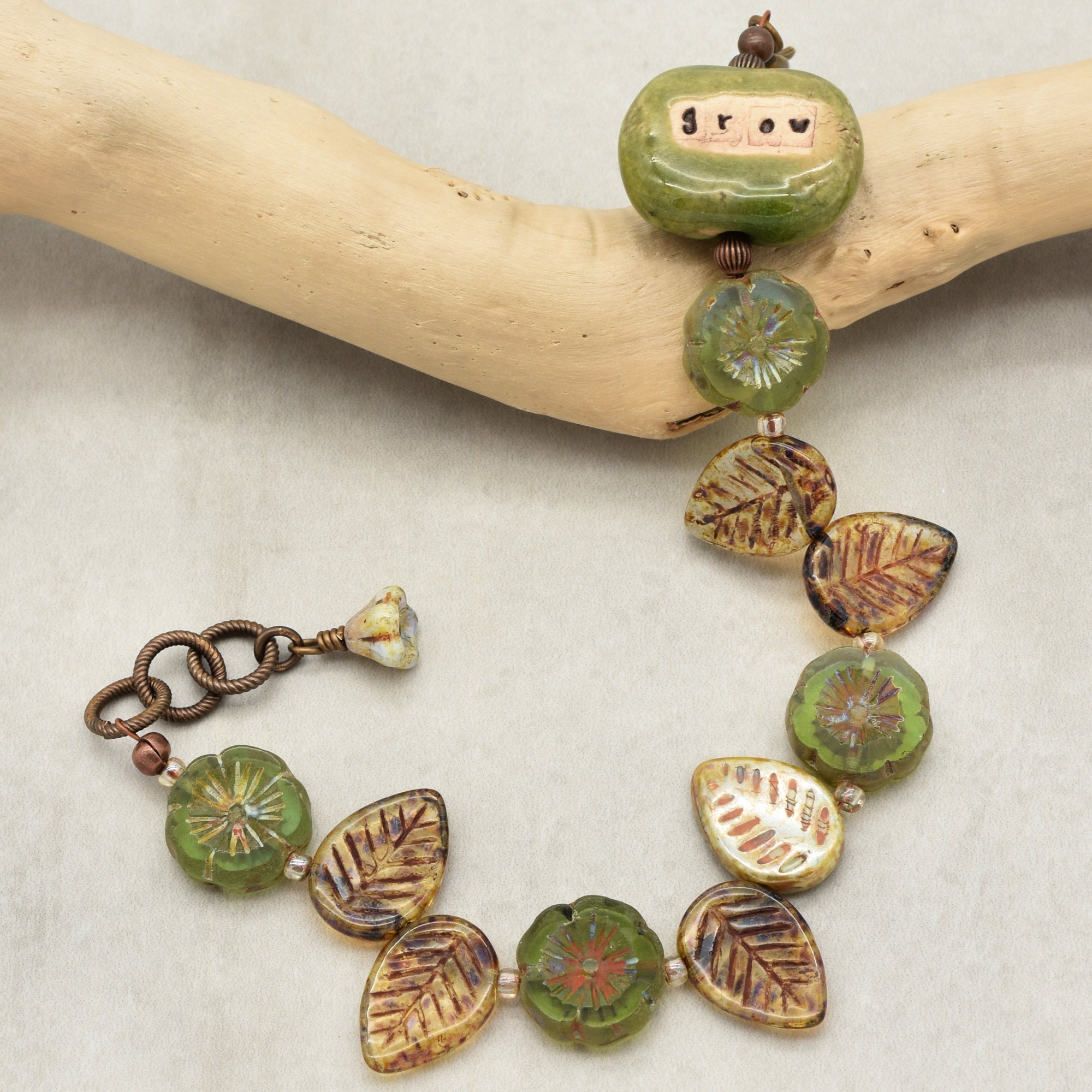 Grow Love Handmade Bracelet with Ceramic Artisan Green Focal, Czech Glass Flowers and Leaves