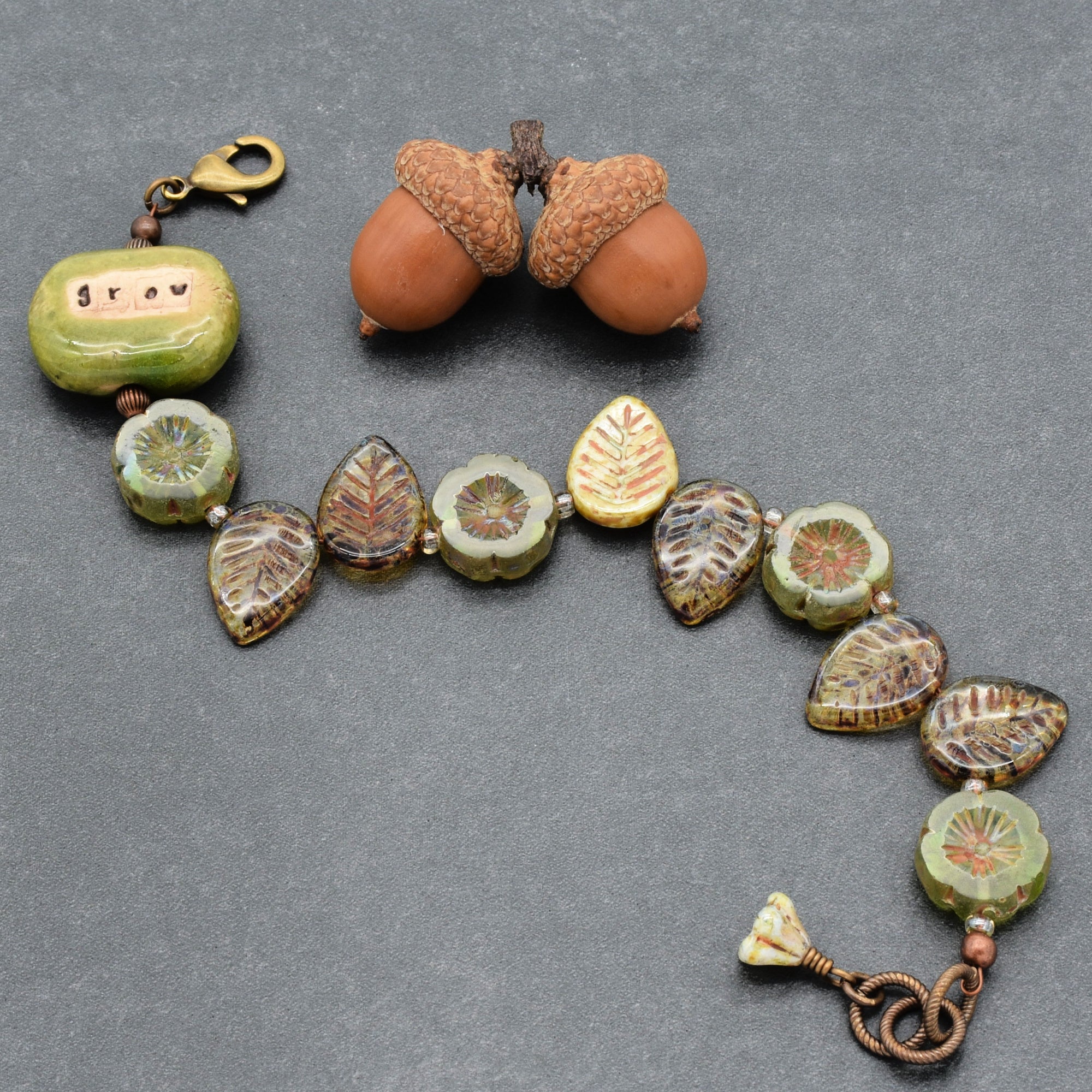 Grow Love Handmade Bracelet with Ceramic Artisan Green Focal, Czech Glass Flowers and Leaves