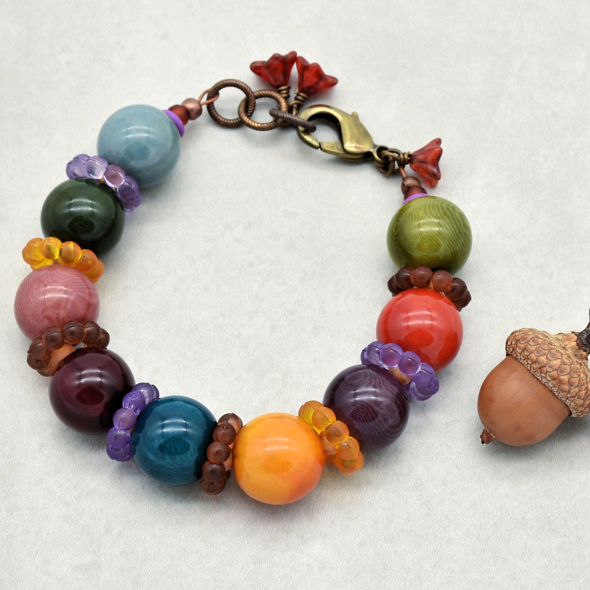 Gumdrops Multi-Color Handmade Chunky Bracelet with Tagua Nut Beads, Resin Flower Rings and Czech Glass Flowers