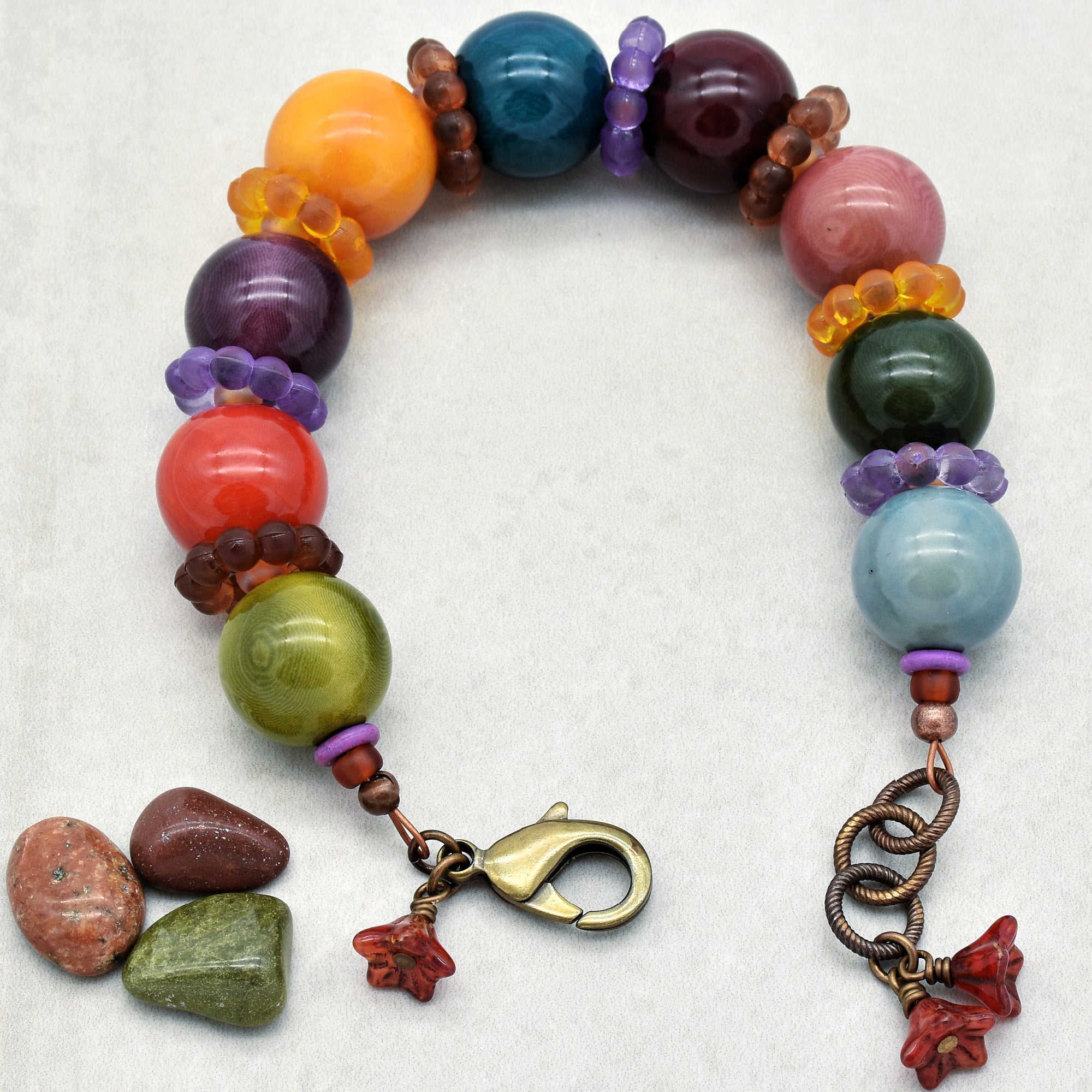 Gumdrops Multi-Color Handmade Chunky Bracelet with Tagua Nut Beads, Resin Flower Rings and Czech Glass Flowers