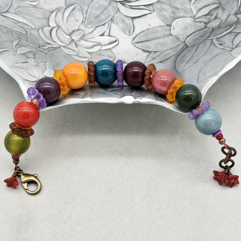 Gumdrops Multi-Color Handmade Chunky Bracelet with Tagua Nut Beads, Resin Flower Rings and Czech Glass Flowers