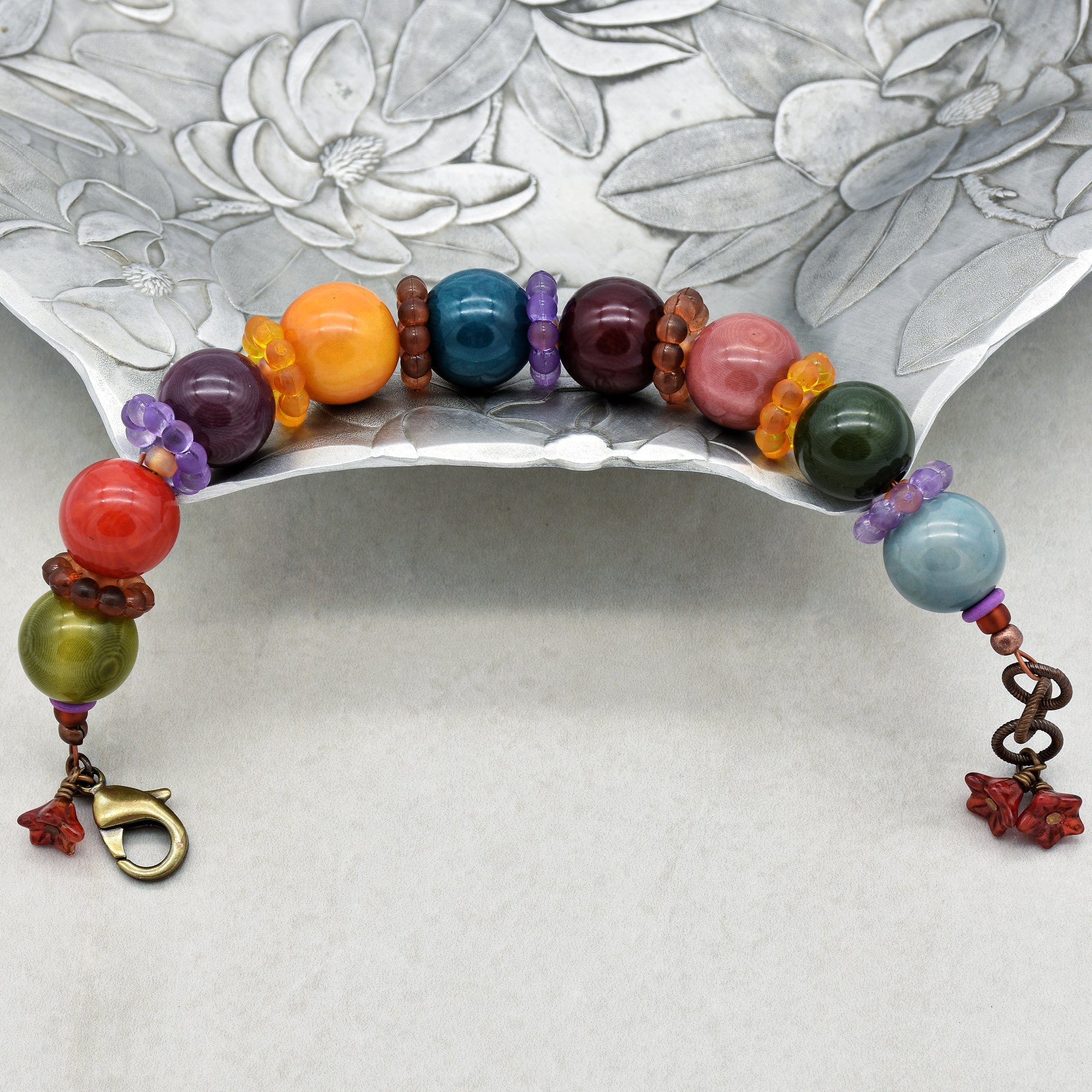 Gumdrops Multi-Color Handmade Chunky Bracelet with Tagua Nut Beads, Resin Flower Rings and Czech Glass Flowers