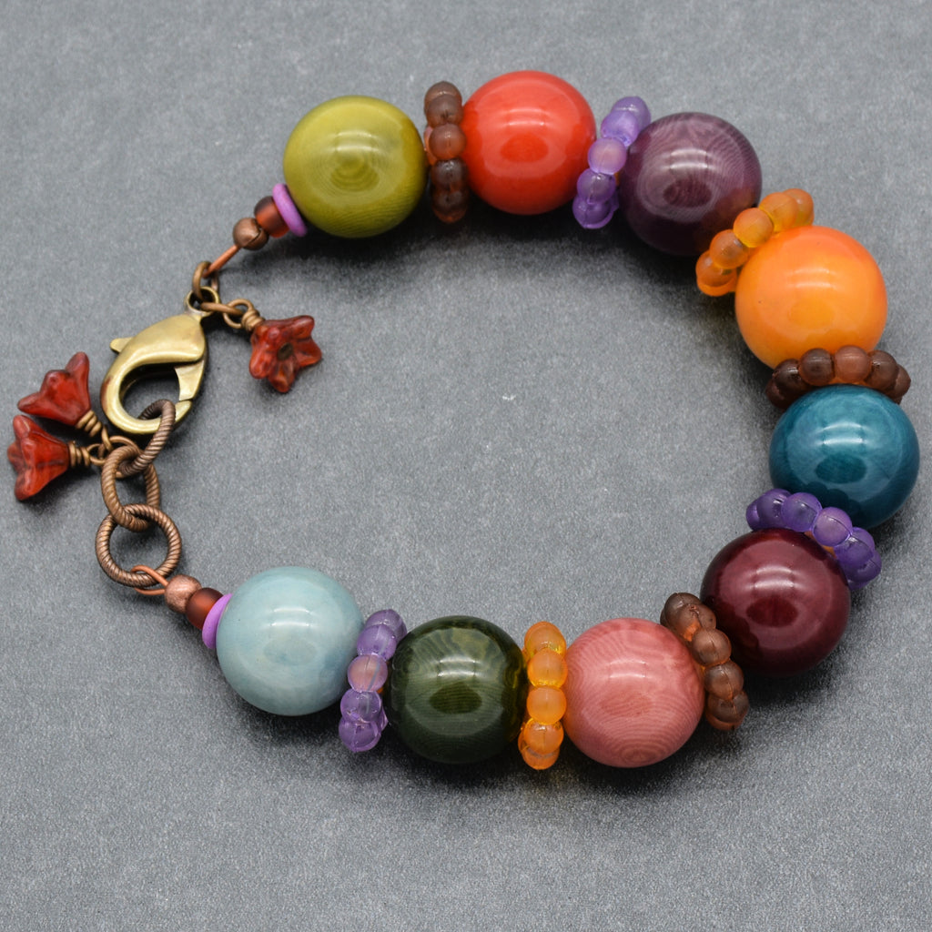 Gumdrops Multi-Color Handmade Chunky Bracelet with Tagua Nut Beads, Resin Flower Rings and Czech Glass Flowers