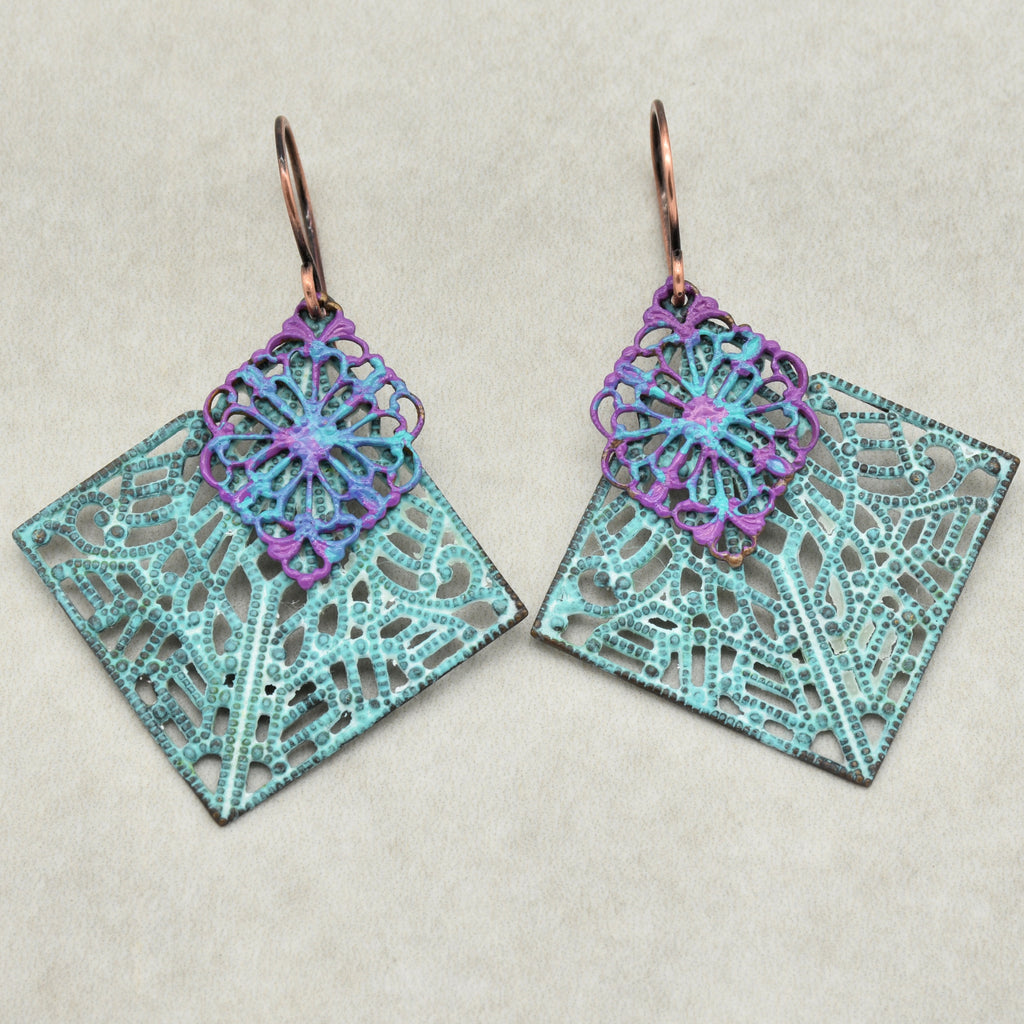 Gypsy Filigree Handmade Dangle Earrings, Artisan Turquoise Patinated Filigree.