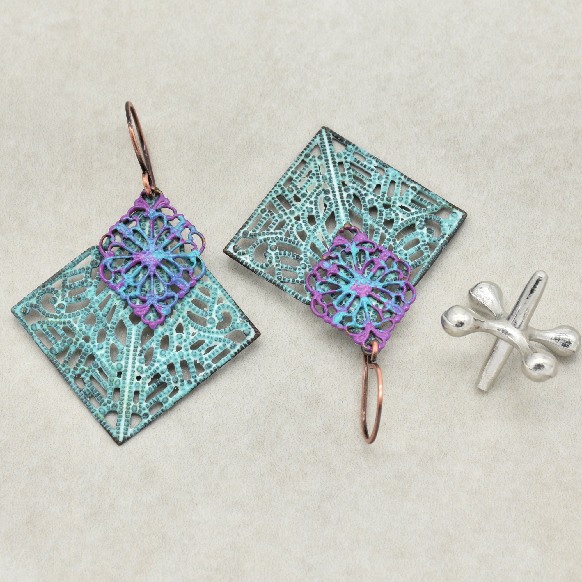 Gypsy Filigree Handmade Dangle Earrings, Artisan Turquoise Patinated Filigree.